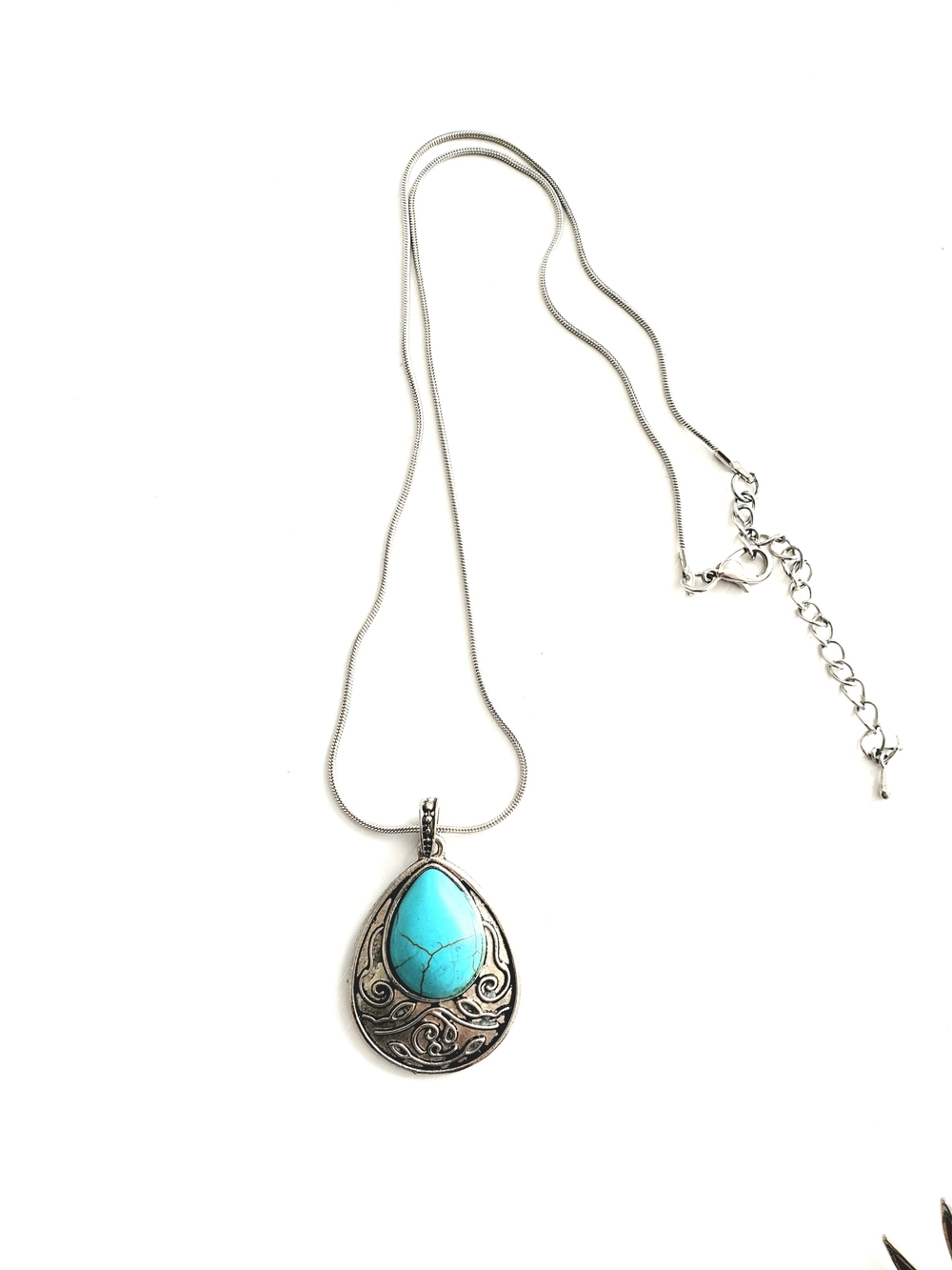 Silver Teardrop Pendant Necklace with Turquoise Stone